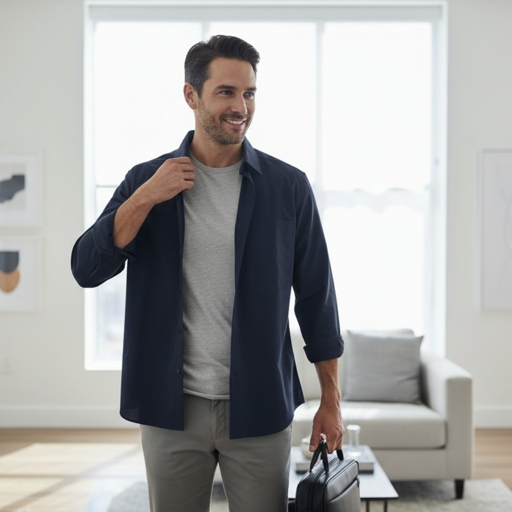 North End Men's Moisturizer Wicking Long Sleeve Snap Button With Stretch Medium